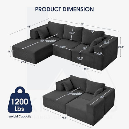 KINGYES 107'' Modular Sectional Sofa, L Shaped Cloud Couch for Living Room, Modern Boneless Sofa with Chaise for Bedroom, Gray