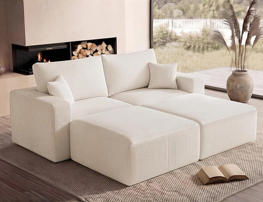Modular Sectional Sofa Bed with Ottoman, 79" Memory Foam Cloud Couch, Boneless Loveseat Corduroy Upholstered Floor Couch, No Assembly Required Living Room Furniture for Apartment Bedroom, Beige