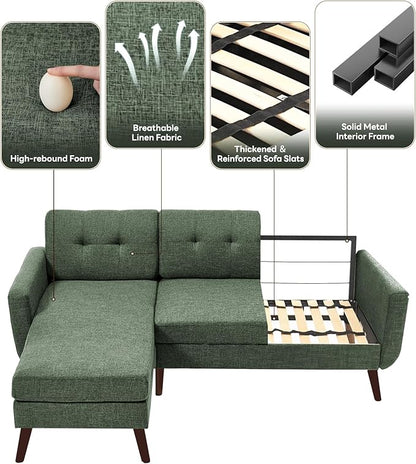 Kingfun L Shaped Couch, 80" W Mid-Century Modern Sofa, Sectional Couches, 3 Seater Sofas with Wide Chaise Lounge, Button Tufted Upholstered Sectional Sofa for Living Room, Bedroom, Green