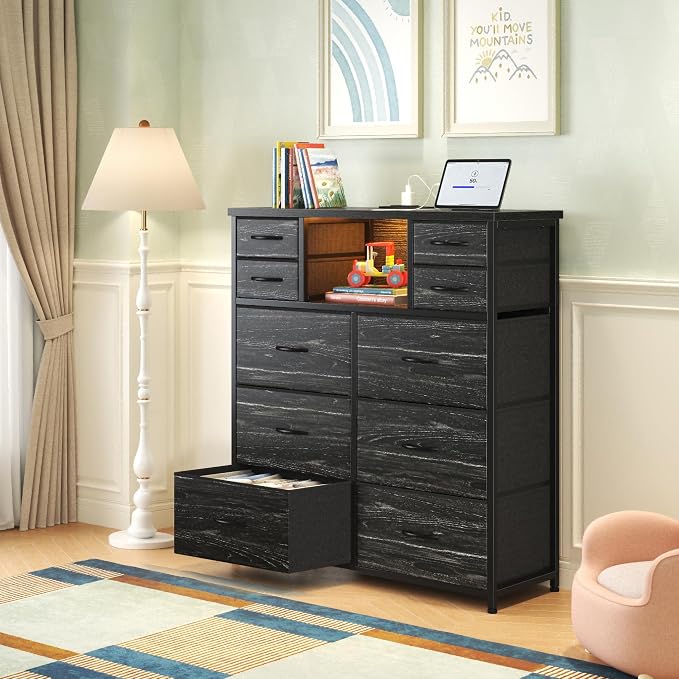 Romorgniz Black Dresser for Bedroom with LED Lights & Power Outlets 2 AC & 2 USB, Fabric 10 Drawer Dressers & Chest of Drawers with Open Shelves for Hallway Living Room Closet, Metal Frame, Wood Top