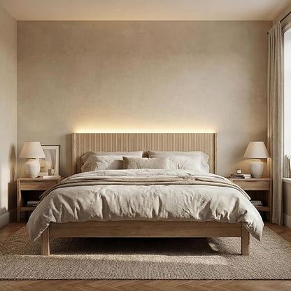 King Size Headboard Only, Modern Fluted Wall-Mounted Head Board with Lighting, Boho Wood Bed headboard Stylish Bedroom Decor, Natural