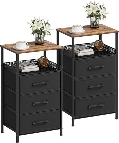 JARHETUN Nightstand Set of 2, Night Stands with 3 Fabirc Drawers, 26.4 Inch Tall Bedside Table with Metal Shelf, Modern Side End Table Storage Furniture, Small Dresser for Bedroom, Rustic Brown