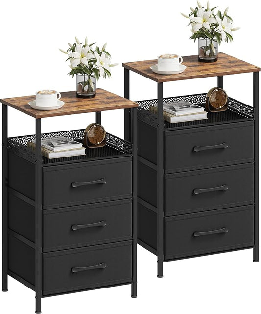 JARHETUN Nightstand Set of 2, Night Stands with 3 Fabirc Drawers, 26.4 Inch Tall Bedside Table with Metal Shelf, Modern Side End Table Storage Furniture, Small Dresser for Bedroom, Rustic Brown
