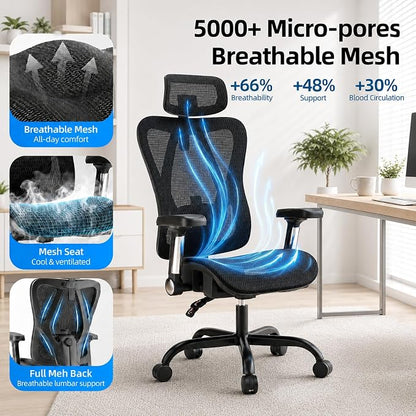 Ergonomic Office Chair, Full Mesh Desk Chair with 5D Armrests, Adjustable Lumbar Support and Headrest, 135° Stepless Reclining Backrest, Home Office Computer Chair