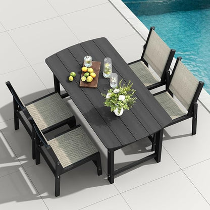 HDPE Outdoor Patio Dining Set with Table & 4 Stackable Armless Textilene Chairs, All-Weather 5-Piece Dining Table Set with Umbrella Hole, Patio Furniture for Garden, Poolside, Backyard, Deck | Black