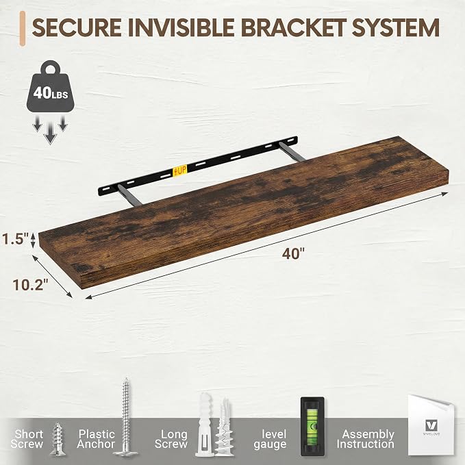 Vivelove 10 Inch Deep Floating Shelves 40 inch Long, 40 x 10 Wide Wall Shelves with Invisible Brackets, for Bedroom Bathroom Living Room Kitchen Office, Farmhouse Home Decor, Set of 2, Rustic Brown