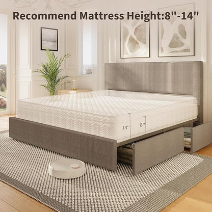 GAOMON Corduroy Full Bed Frame with Headboard, Platform Upholstered Bed Frame with 4 Storage Drawers and Wooden Slats Support, No Box Spring Needed, Brown