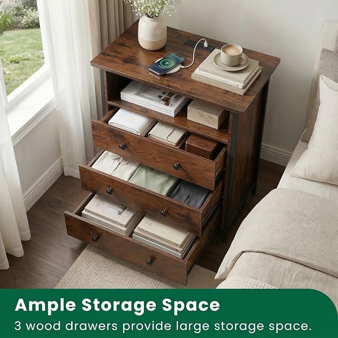 27 Inch Wide Nightstand Set of 2 with Charging Station, Large Nightstand Set 2 with 3 Wood Drawers & LED Lights, Big Bedside Table with Open Shelf for Bedroom, Guest Room, Office, Retro.