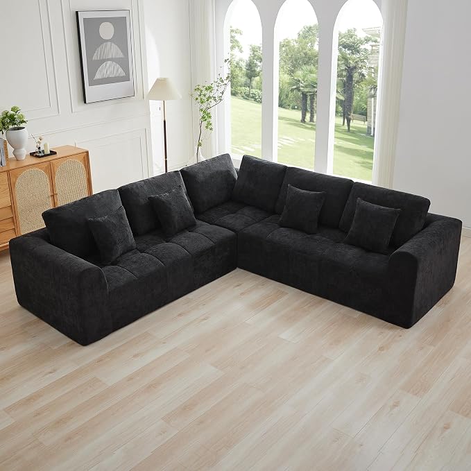 110''Modular Sectional Couches for Living Room, Cloud Boneless Compressed Sectional Sofa, Oversized L Shaped 5 Seater Upholstered Memory Foam Sofa, No Assembly, Chenille Black