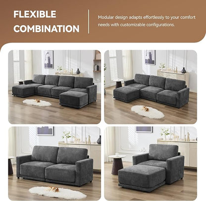 110.6" L Shaped Sectional Sofa, Modular Cloud Deep Seat Couch with Movable Ottoman, Oversized Thicked 4-Seats Sofas for Living Room, Chenille Grey
