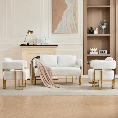 YISHENG Loveseat Sofa Modern Accent Chairs for Living Room with Golden Metal Legs Soft Teddy Upholstered Reading Armchairs no Wheels for Reception Room//Bedroom/Lounge/Office, White