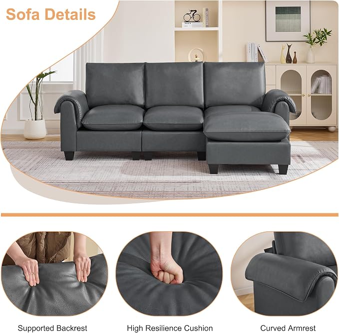 96" Faux Leather Modular Sectional Sofa with Movable Ottoman, Oversized 3 Seater Couch with Curved Armrests, Cloud Modern L-Shaped Sofa Deep Seat for Living Room, Grey