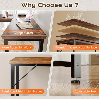 Huuger 55 Inch L Shaped Desk with Power Outlets and USB-C Port, 0.95 Inch Thicker Desktop, Reversible Computer Desk, Larger Office Corner Gaming Desk, Metal Frame, for Home Office, Study, Rustic Brown