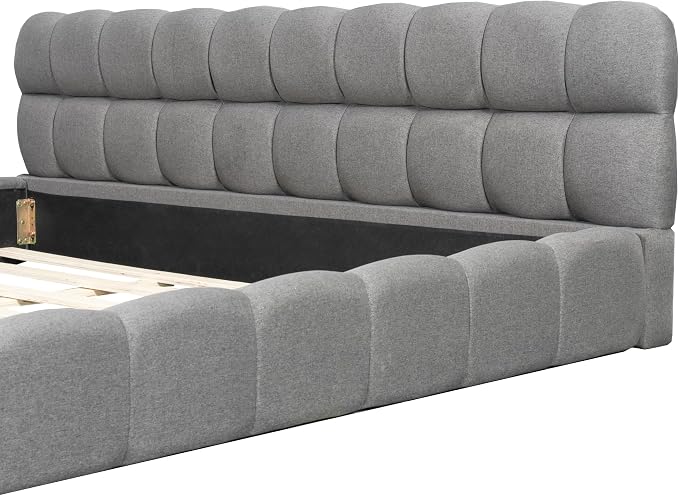 King Size Upholstered Platform Bed with Thick Fabric,Low Wood Grounded Bed W/Headboard & Footboard,Slat Support,No Box Spring Needed, Easy Assemble,Gray
