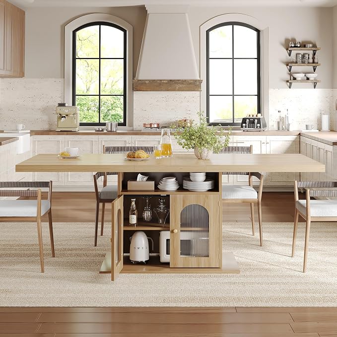 HSH Dining Table for 4–6, 63 Inch Wood Farmhouse Kitchen Table with 3-Tier Storage Shelf and Acrylic Door Cabinet, Rectangular Modern Dining Room Dinner Table for Apartment Home Small Space, Light Oak