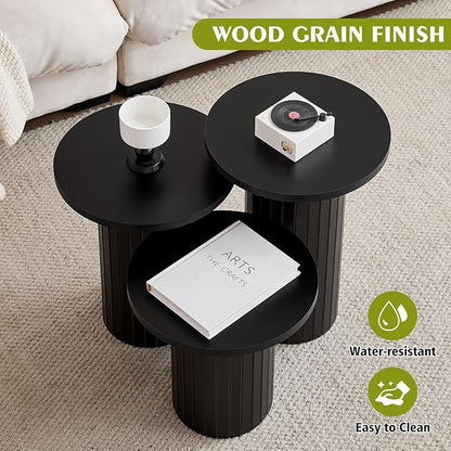 Round Side Tables Set of 3, Circle Modern Fluted Nesting Coffee Table, Accent End Table Set for Living Room and Bedroom, Black