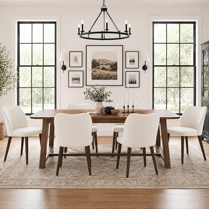COLAMY Upholstered Dining Chairs Set of 6, Modern Kitchen & Dining Room Chairs with Curved Back, Fabric Padded Seat and Solid Wood Legs, Side Chairs for Restaurant, Cafe & Home, Beige