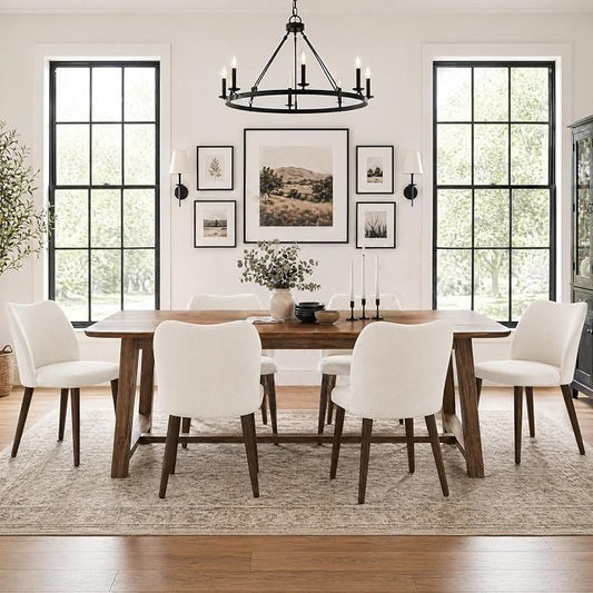 COLAMY Upholstered Dining Chairs Set of 6, Modern Kitchen & Dining Room Chairs with Curved Back, Fabric Padded Seat and Solid Wood Legs, Side Chairs for Restaurant, Cafe & Home, Beige