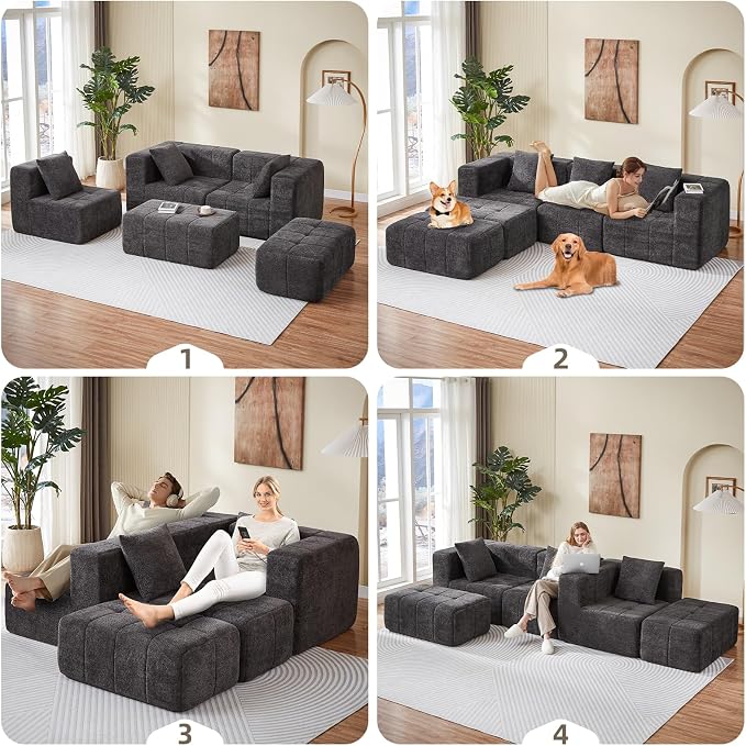 Modular Sectional Sofa with Deep Seat, 98'' Seater Boneless Cloud Couch No Assembly Required, Modern Plush Corduroy Cloud Couches for Living Room & Apartment (3 Seat w/ 2 Ottoman), Grey