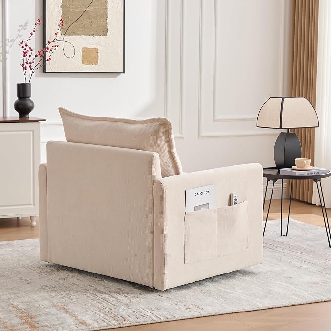 Swivel Accent Chair, Modern Swivel Barrel Chair for Living Room, 360 Degree Comfy Square Accent Barrel Chair, Upholstered Sofa Armchair for Bedroom,Reading, Chenille, Beige