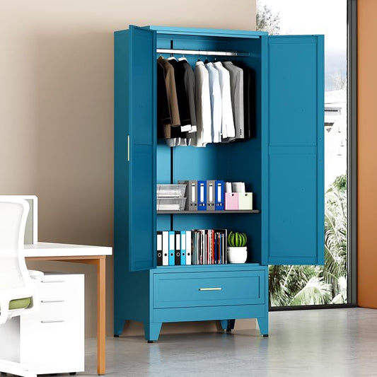 Metal Armoire Wardrobe Closet with Drawers, 71" Wardrobe Cabinet with Adjustable Shelves and Hanging Rod for Bedroom, Blue Metal Closet Storage Cabinet with 2 Doors & 1 Drawer