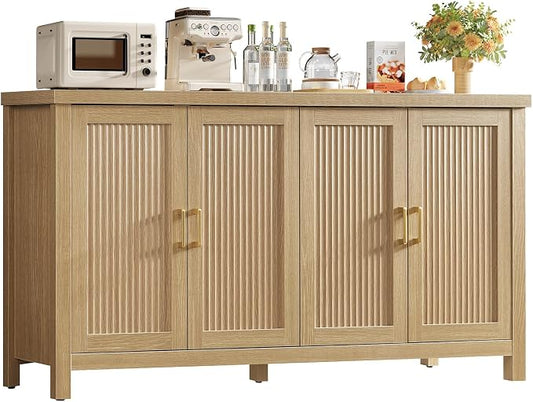 Buffet Cabinet with Storage, 63" Fluted Sideboard Cabinet with 4 Adjustable Shelves, Modern Coffee Bar with 4 Doors, Coffee Bar Cabinet for Kitchen, Living Room, Natural