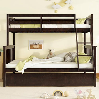 Harper & Bright Designs Convertible Wood Twin-Over-Full Bunk Bed with Trundle and Ladder - Can Be Divided Into Two Platform Beds, Espresso