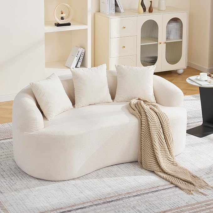 65" Boneless Curved Loveseat Sofa, Modern Deep Seat Love Seat Couches, 2 Seater Curved Couch with 3 Throw Pillows, Compressed Floor Sofa for Living Room Small Spaces, No Assembly, Beige