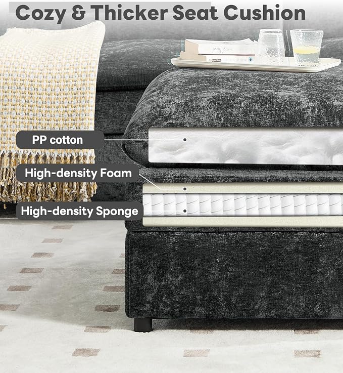 Iroomy 25" Chenille Ottoman, 9.5" Thick Cushion, Upholstered Footrest Modern Footstool & Bench for Living Room, Bedroom, Dark Gray