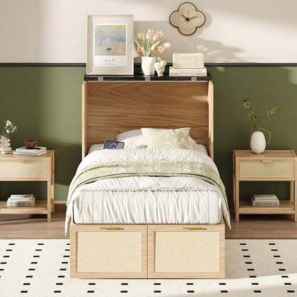 VINGLI Twin Size Rattan Murphy Bed with Storage Drawer,Charging Station, Boho,Hideaway Paltform Panel Bed for Small Spaces,Guest Room,Office,Apartment, Space-Saving Cabinet Bed,Oak White