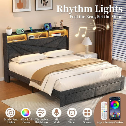 Full Size Bed Frame with Storage Headboard, Upholstered Full Bed Frame with LED Lights, USB Charging Station & 2 Storage Drawers, No Box Spring Needed, Dark Grey