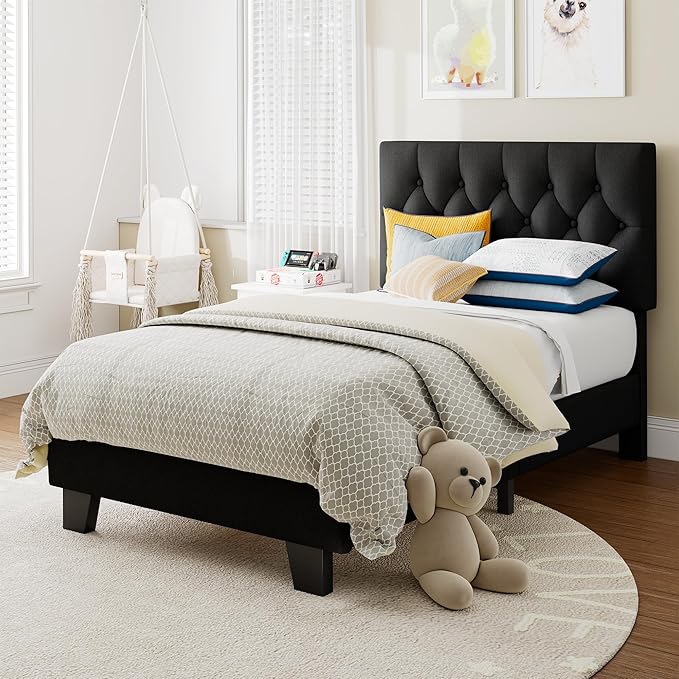 Einhomn Twin Upholstered Bed Frame with Headboard, Button Tufted Linen Bed Base, Platform Bed with Wood Slat, Heavy Duty, Easy Assembly, No Box Spring Needed,Black