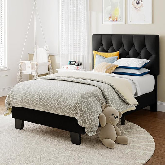 Einhomn Twin Upholstered Bed Frame with Headboard, Button Tufted Linen Bed Base, Platform Bed with Wood Slat, Heavy Duty, Easy Assembly, No Box Spring Needed,Black