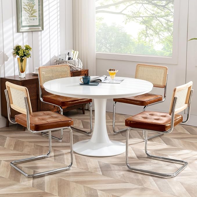 Zesthouse Natural Rattan Dining Chairs Set of 6, Mid Century Modern Dining Room Chairs with Chrome Leg, Faux Leather Kitchen Chair with Solid Wood Back & Cane Mesh, Breuer Cesca Design Inspired, Brown