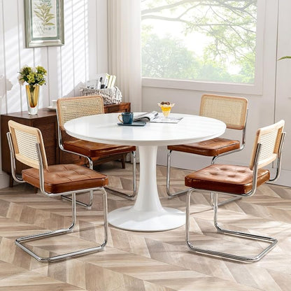 Zesthouse Natural Rattan Dining Chairs Set of 6, Mid Century Modern Dining Room Chairs with Chrome Leg, Faux Leather Kitchen Chair with Solid Wood Back & Cane Mesh, Breuer Cesca Design Inspired, Brown