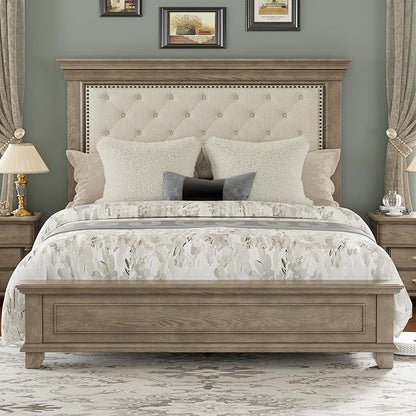 LUXOAK Solid Pine Wood Queen Bed Frame with 69" High Upholstered Headboard, Transitional Style Platform Bed, No Box Spring Needed & Easy Assembly, Button-Tufted Chenille Fabric, Antique Taupe