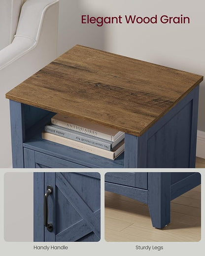 VASAGLE LIRY Collection - Farmhouse Nightstand, Barn Door, Set of 2, Bedside Table with Storage, Side End Table, Night Stand, Open Compartment, for Bedroom, Rustic Blue and Honey Brown ULET609Q101S-2J