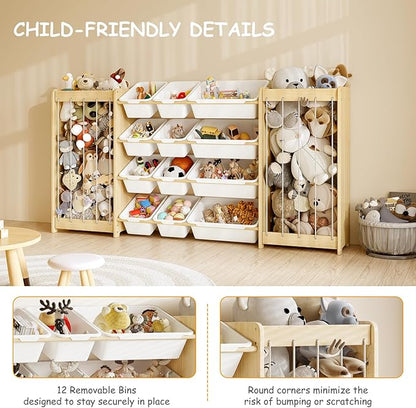 EXPERLAM Large Toy Storage Organizer, Wooden Stuffed Animal Storage & 12-Bins Toy Organizer, Double-Sided Plush Toy Holder Featuring Thicker Ropes, Space Save Playroom Nursery Bedroom Storage, White