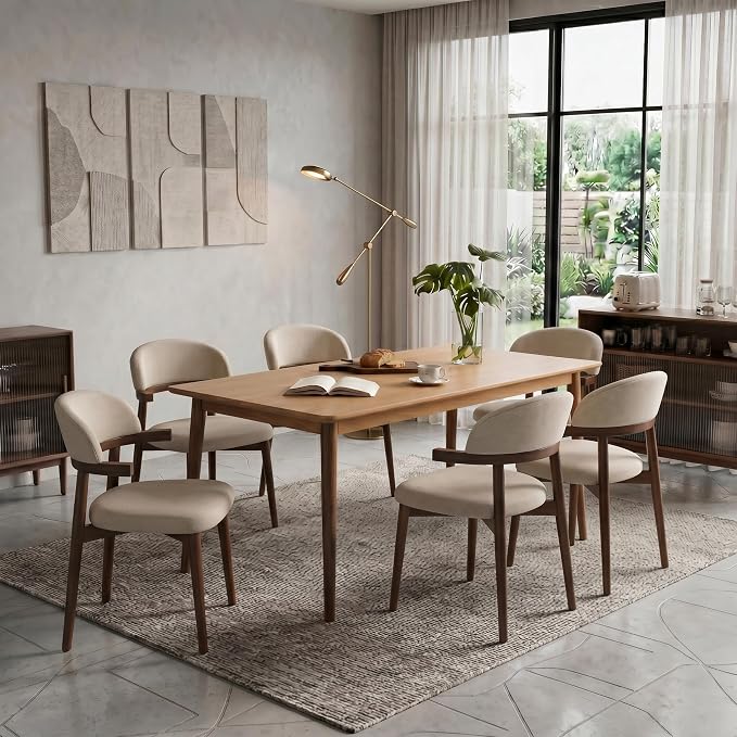MOJAY Dining Chairs Set of 2 Walnut, Linen Beige with Curved Armrests