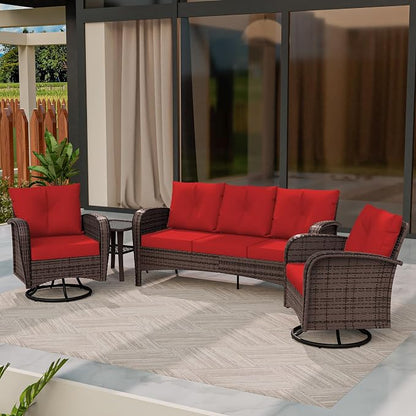 4 Piece Patio Conversation Set - 2 Swivel Chairs 1 Coffee Table 3-Seater Sofa, PE Wicker & Steel Patio Furniture with Heavy-Duty Steel Frame,Weatherproof Cushions, Red