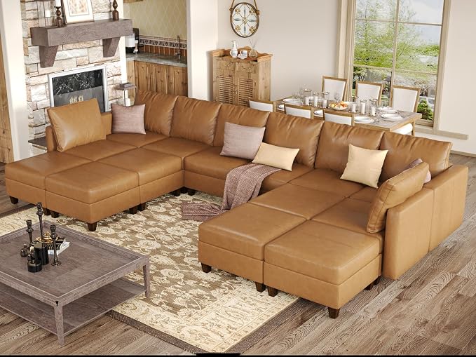 EASE MOOSE Large U Shaped Modular Sectional Sofa with Storage, Faux Leather Oversized Modular Sectional Couch with Chaises for Living Room