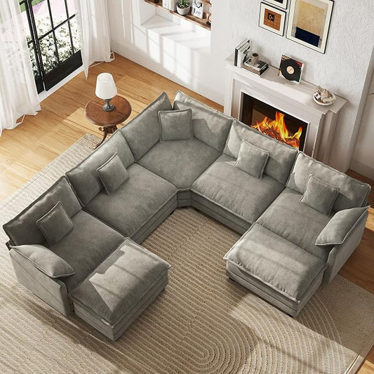 WorthFurni 114” Oversized Modular Sectional Sofa, 7-Seater V Shaped Cloud Couch Set, Comfy Chenille Deep Seat Couches with 2 Movable Ottomans, DIY Combination for Living Room (Gray)