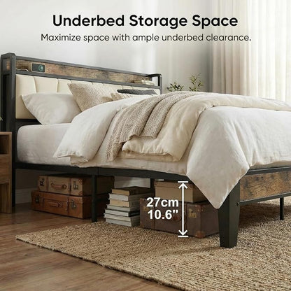 LIKIMIO Full Size Bed Frame with Storage Headboard & Charging Station | Upholstered Headboard, Storage Shelf, Solid and Stable, Noise Free, No Box Spring Needed, Easy Assembly (Walnut and Beige)