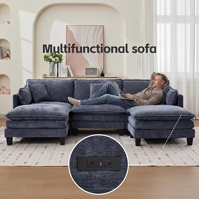 Opiesit Modular Sectional Sofa with Movable Ottoman, 110" 5-Seat Modern Couches for Living Room, Comfy U Shaped Couch Set with Deep Seat for Office and Apartment, Blue Chenille Fabric