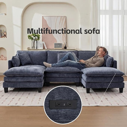 Opiesit Modular Sectional Sofa with Movable Ottoman, 110" 5-Seat Modern Couches for Living Room, Comfy U Shaped Couch Set with Deep Seat for Office and Apartment, Blue Chenille Fabric
