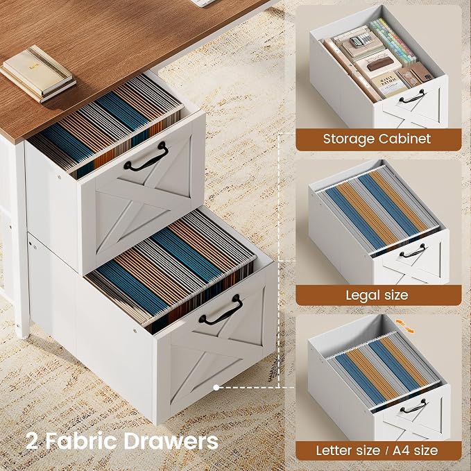 SEDETA Farmhouse L Shaped Desk with Hutch, Reversible 86.6" Computer Desk with Drawers and Power Outlet for Home Office/Two Person, Corner Desk with LED Light and Storage Shelves, White and Brown