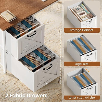 SEDETA Farmhouse L Shaped Desk with Hutch, Reversible 86.6" Computer Desk with Drawers and Power Outlet for Home Office/Two Person, Corner Desk with LED Light and Storage Shelves, White and Brown