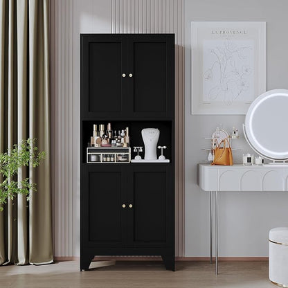 69" Tall Metal Pantry Cabinet with Microwave Stand,Microwave Storage Cabinet with 4 Doors & 3 Adjustable Shelves for Kitchen (4doors-Black, 13.78" D x 27.54" W x 68.9" H)