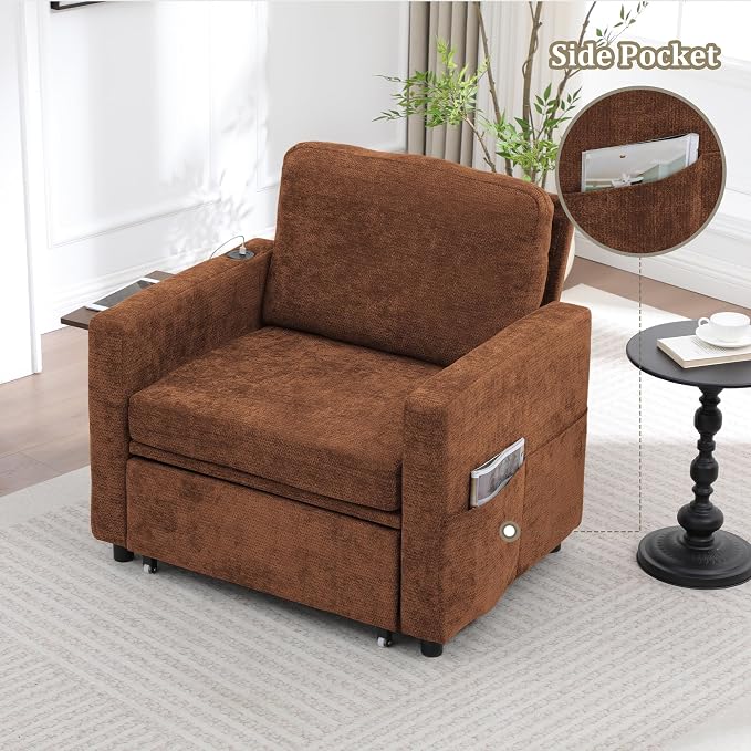 3 in 1 Folding Convertible Sleeper Sofa Bed Pull Out Couch with Side Pockets USB Port Side Table Single Sofa Bed with Adjustable Backrest for Living Room Bedroom 66" Orange 1 SEAT