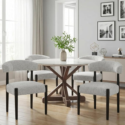 VKNOW Wooden Dining Chairs Set of 6 with Black Legs, Heathered Off-White | Soft Chenille Fabric, Curved Open Back, Thickened Cushion, For Adults and Family, Dining Room, Kitchen, No Wobble